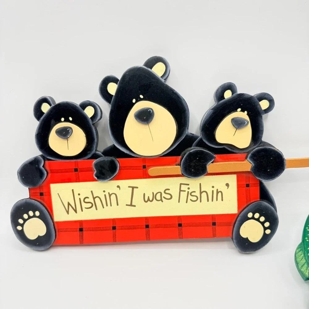 Rustic Wood Black Bear Fishing Wall Decor Wishin I was Fishin Cabin Lodge Sign